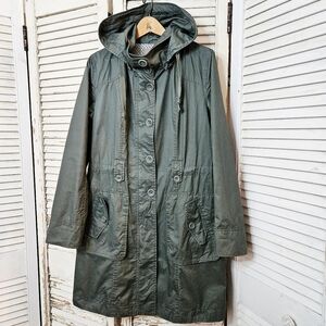 Sandwich Cinch Waist 100% Cotton Coat With Removable Hood Olive Green S/M